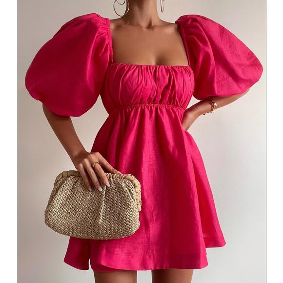 Showpo. Amalie The Label Hamyya Linen Tie Back Puff Sleeve Mini Dress Magenta-2 - Picture 4 of 8